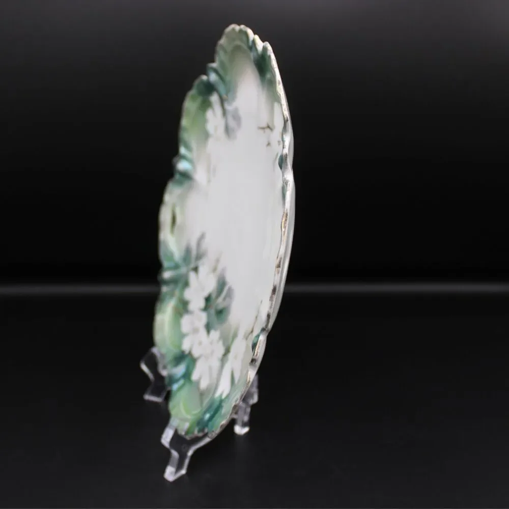 Antique RS Prussian Cake Plate Porcelain Iridescent Green Floral Open Handles